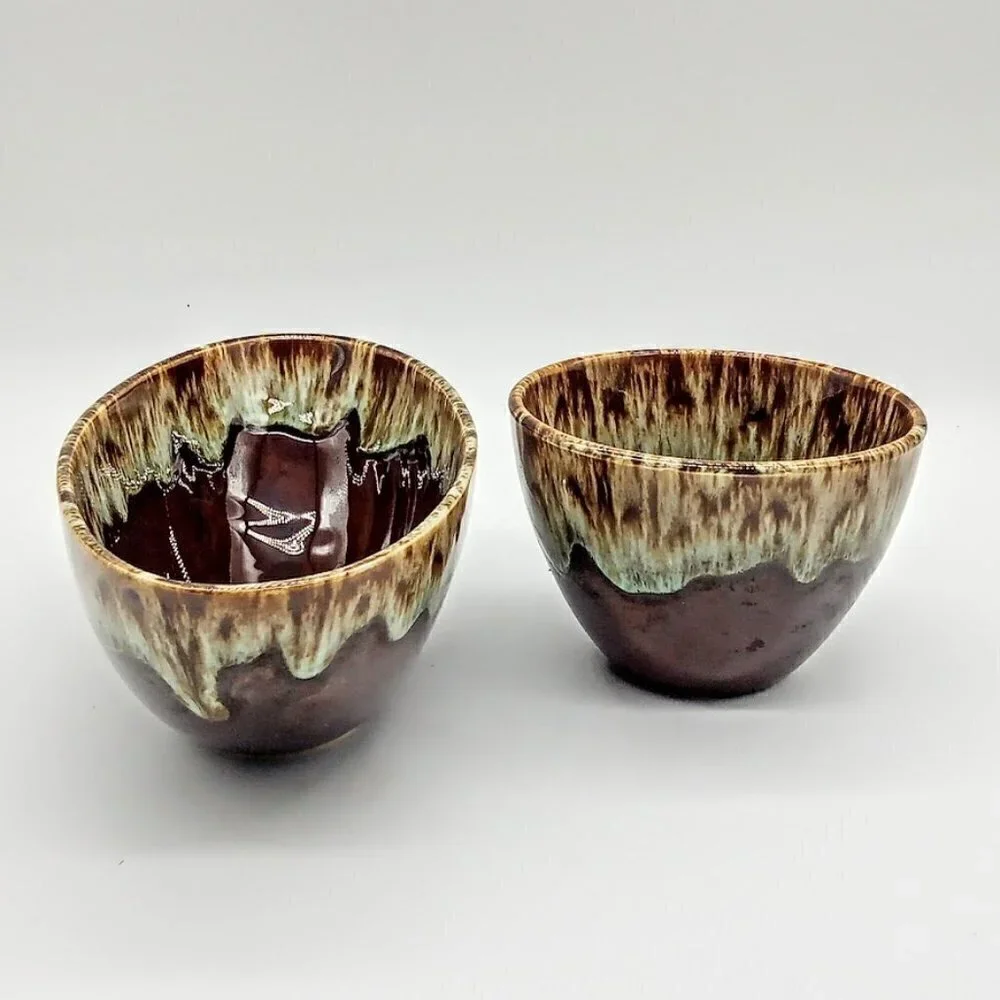 Set of 2 Vintage Canonsburg Ironstone Brown Drip Glaze Ceramic Bowls